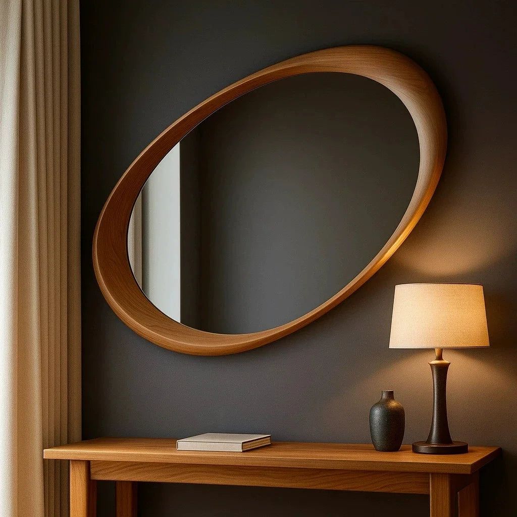 Mid-Century Zen Solid Wood Irregular Wall Mirror 90x60cm