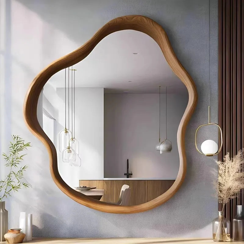 Nordic Retro Irregular Wooden Frame Wall Mirror 60x60cm