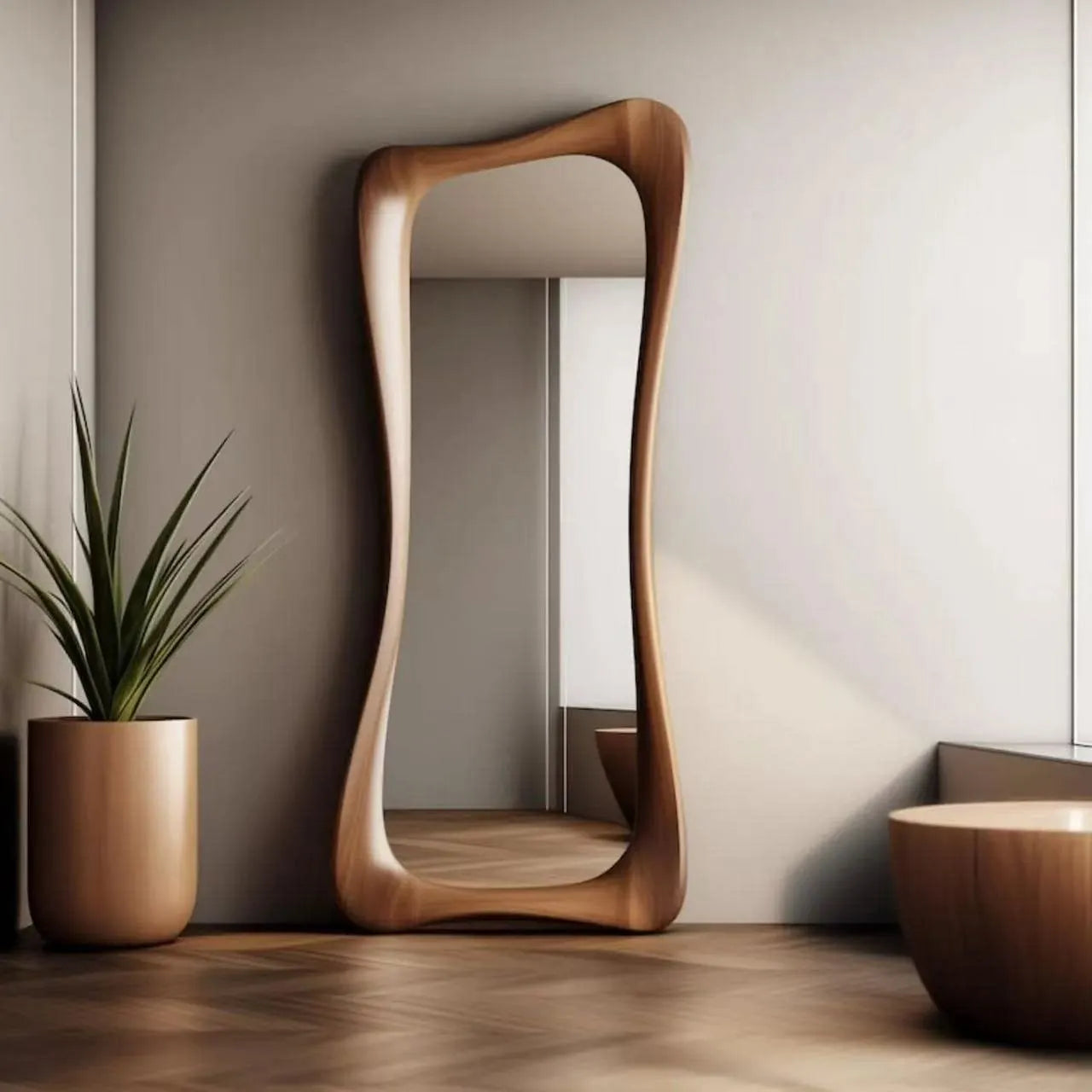 Funky Irregular Floor Mirror Wooden Frame Standing Living Room Bedroom Decor