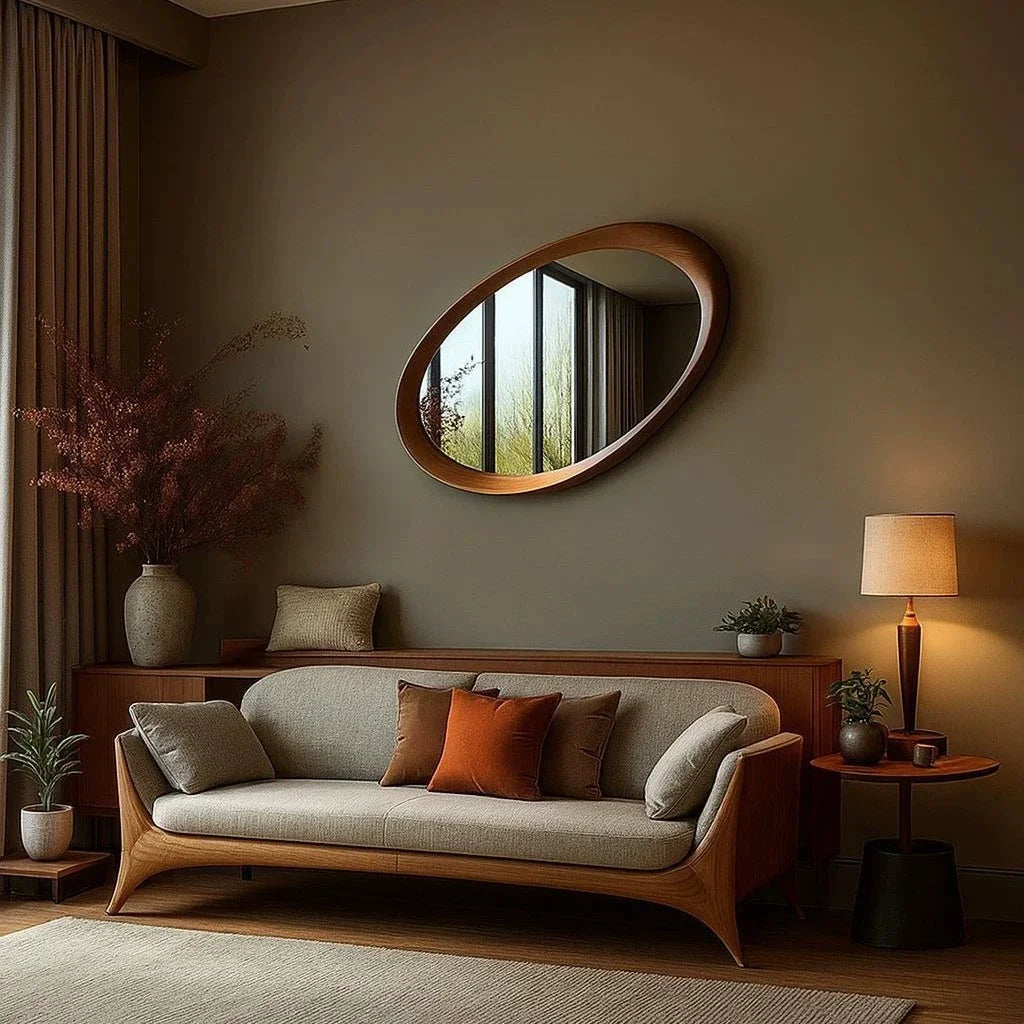 Mid-Century Zen Solid Wood Irregular Wall Mirror 90x60cm
