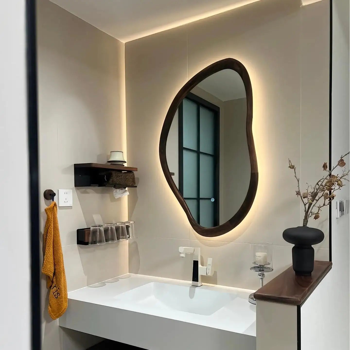 Irregular Wooden Wall Mirror Decorative Bathroom Home Hotel Use