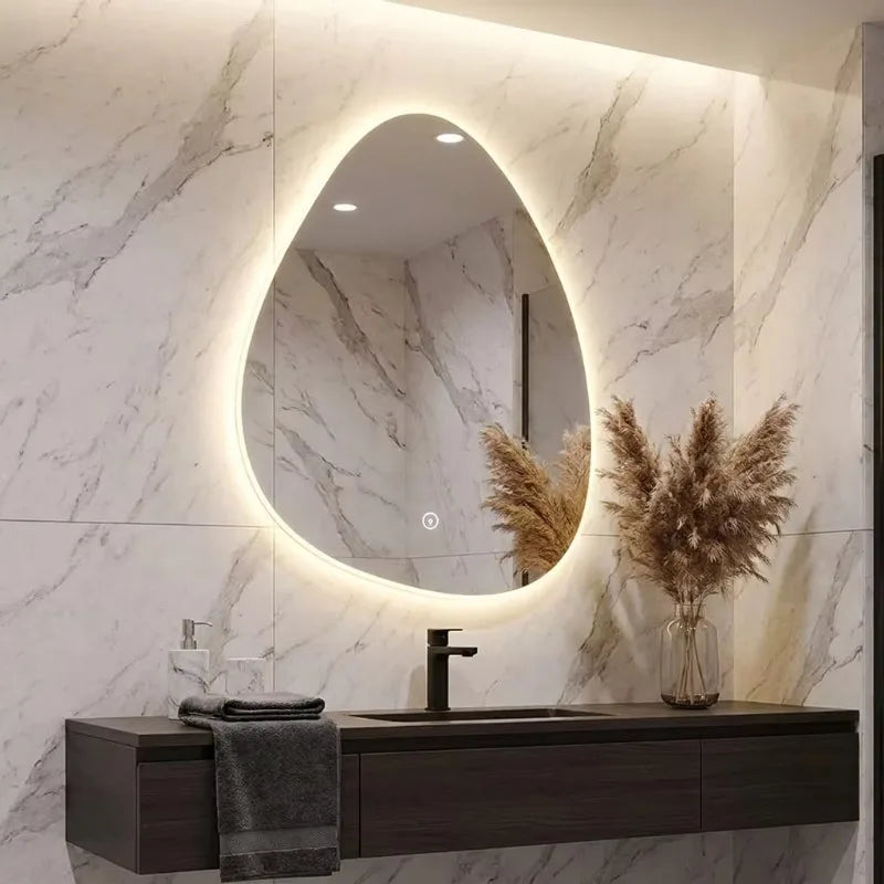 Water Drop Shape LED Bathroom Mirror Touch Screen Backlit Anti-Fog Wall-Mounted 50x70cm