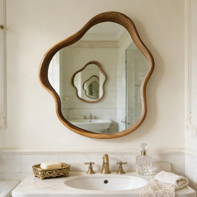 Nordic Retro Irregular Wooden Frame Wall Mirror 60x60cm